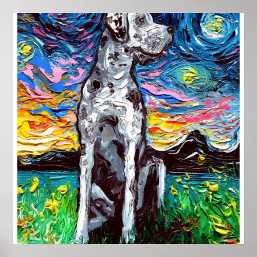 Merle Great Dane Starry Night Impressionist Dog Poster
