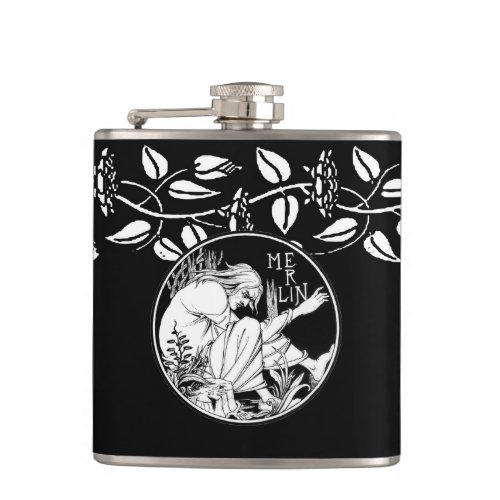 Merlin Art Nouveau fantasy Hip Flask