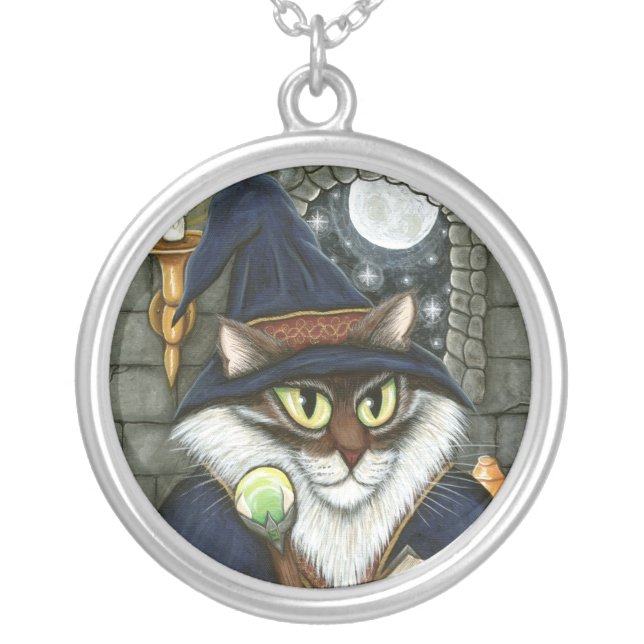 Merlin Magician Wizard Cat Magic Sorcerer Fantasy  Silver Plated Necklace (Front)