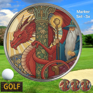Merlin & Red Dragon of Wales, Fantasy Art Golf Ball Marker