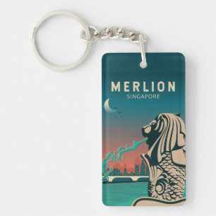 Merlion Singapore Travel Vintage Art Keychain