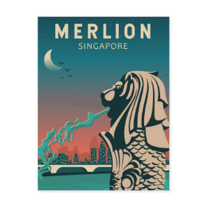 Merlion Singapore Travel Vintage Art Postcard