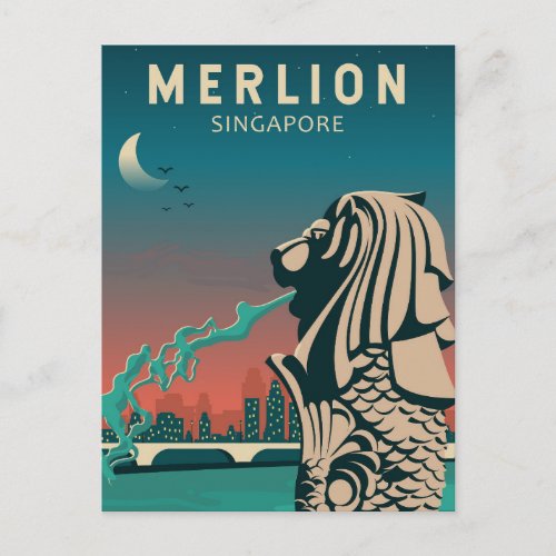 Merlion Singapore Travel Vintage Art Postcard