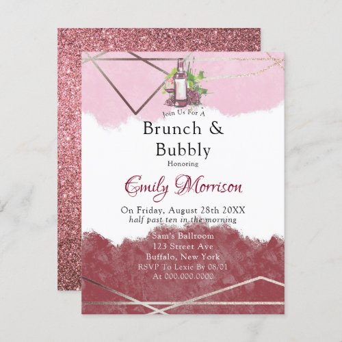 Merlot and Blush Pink Watercolor Brunch  Bubbly Invitation