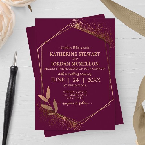 Merlot and Bronze Fall Leaf Geometric Wedding Invitation