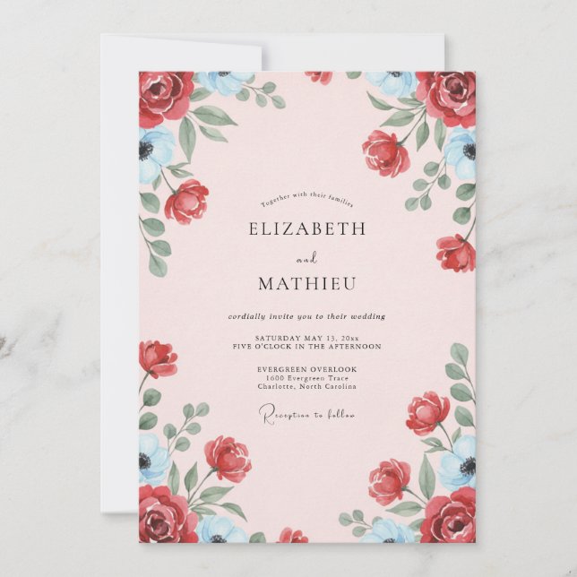 Merlot Azure Petal Wedding Invitation (Front)
