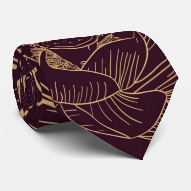 Merlot Bourdeau Wine Gold Floral Wedding Neck Tie (Rolled)