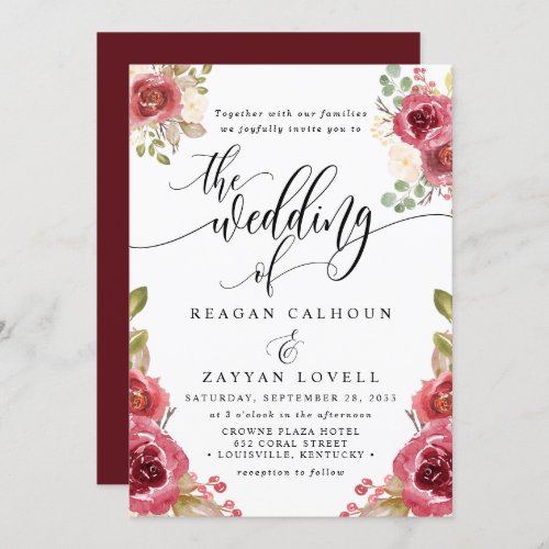 Merlot Burgundy Elegant Watercolor Floral Wedding Invitation