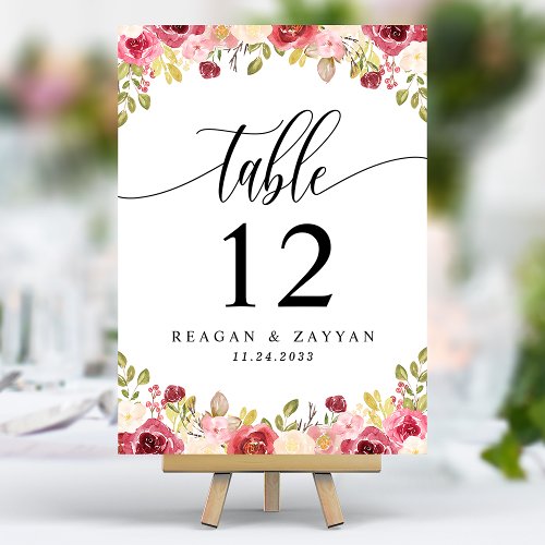 Merlot Burgundy Floral Wedding Table Number