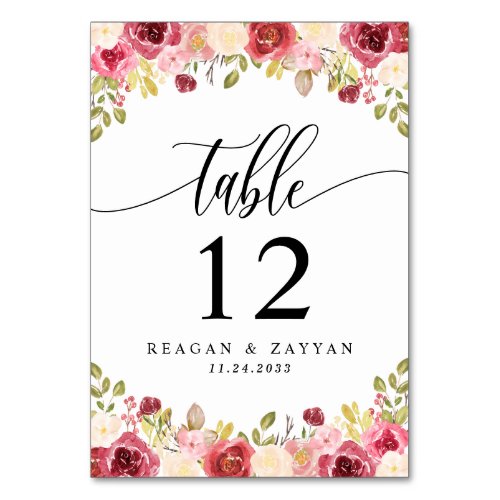 Merlot Burgundy Floral Wedding Table Number
