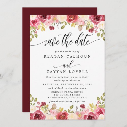 Merlot Burgundy Watercolor Floral Save The Date