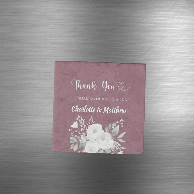 Merlot burgundy white florals thank you wedding stone magnet (Creator Uploaded)