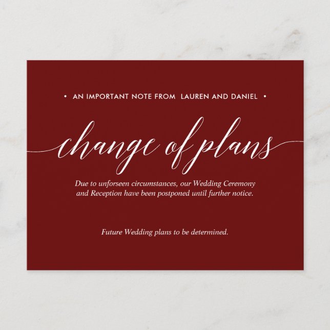 Merlot Change of Plans Postponed Cancelled wedding Announcement Postcard (Front)