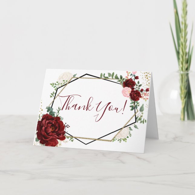 Merlot Floral Geometric Wedding Thank You Card (Front)