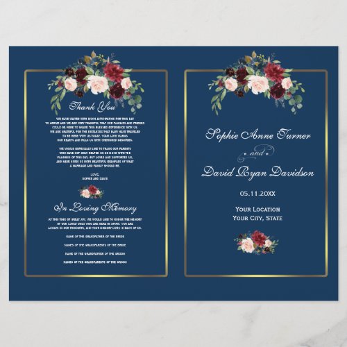 Merlot Floral Navy Blue Gold Frame Wedding Program