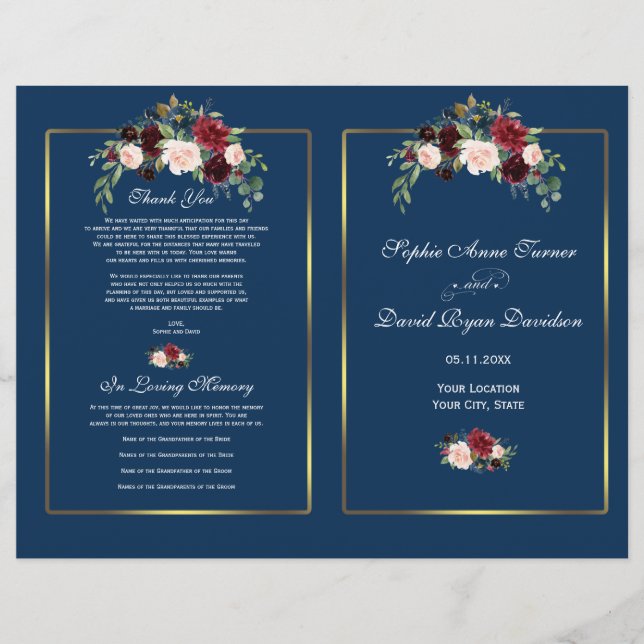 Merlot Floral Navy Blue Gold Frame Wedding Program (Front)