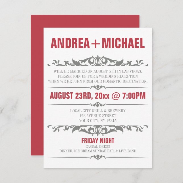 Merlot & Gray Wedding Reception ONLY Invitations (Front/Back)