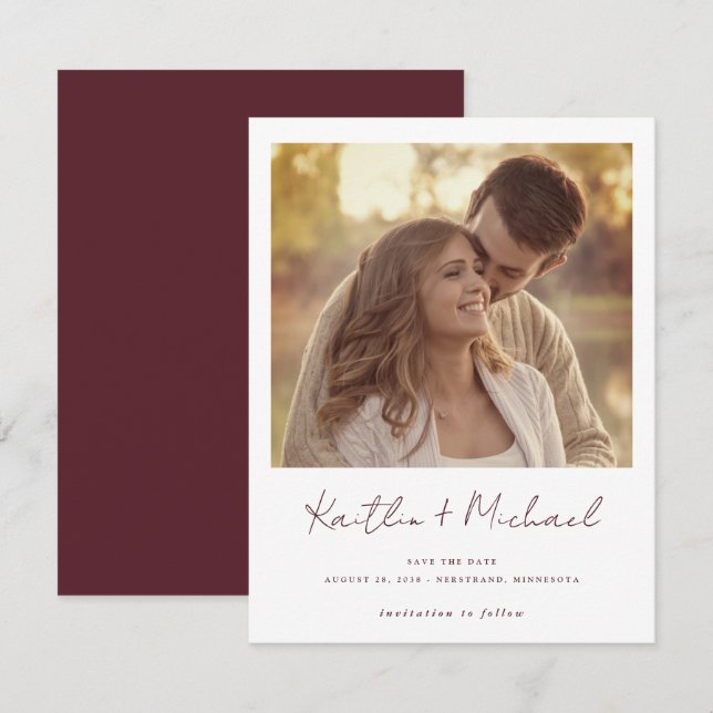 Merlot Modern Handwriting Photo Wedding Save The Date (Front/Back)