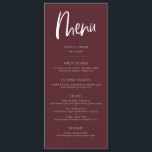 Merlot Modern Minimalist Wedding Menu<br><div class="desc">Modern minimalist wedding dinner menu card featuring boho script font. The background color is in merlot red with white texts.</div>