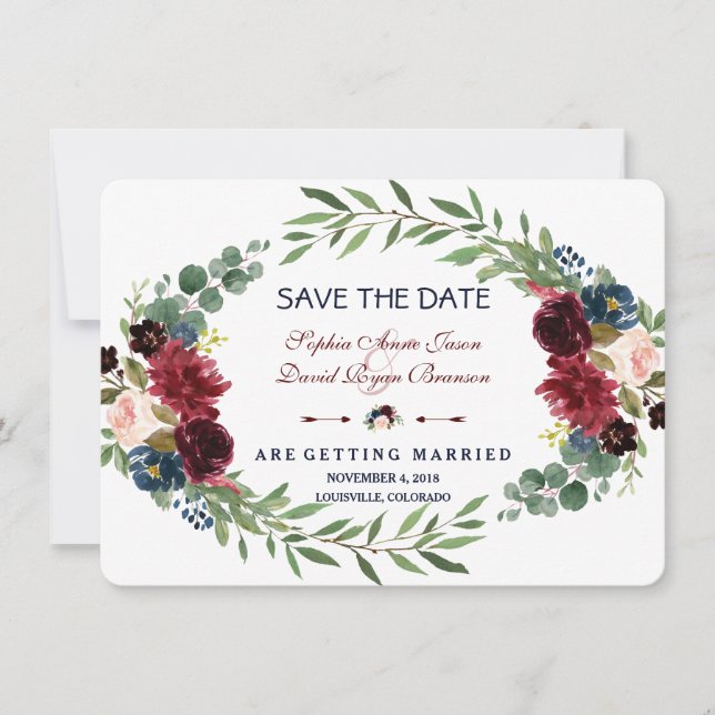 Merlot Navy Blue Floral Bloom Save The Date (Front)