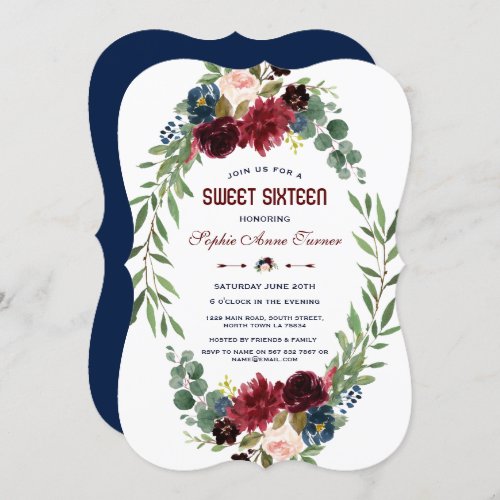 Merlot Navy Blue Floral Bloom Sweet 16 Invitation