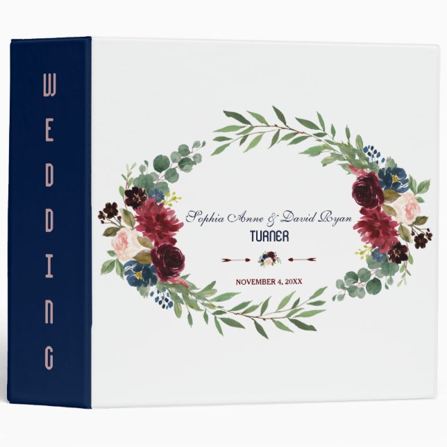 Merlot Navy Blue Floral Bloom Wedding 3 Ring Binder (Front/Spine)