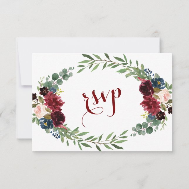 Merlot Navy Blue Floral Bloom Wedding RSVP (Front)
