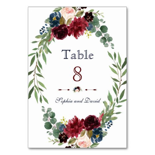 Merlot Navy Blue Floral Bloom Wedding Table Number