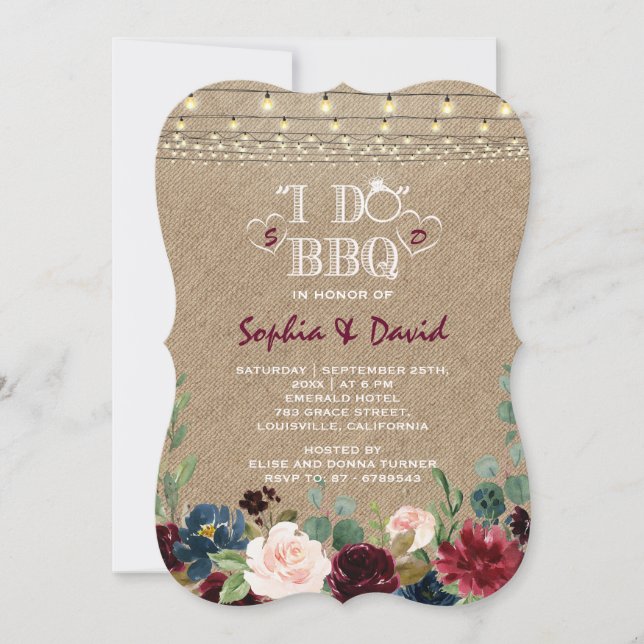 Merlot Navy Blue Floral BurlapI DO BBQ Invitation (Front)