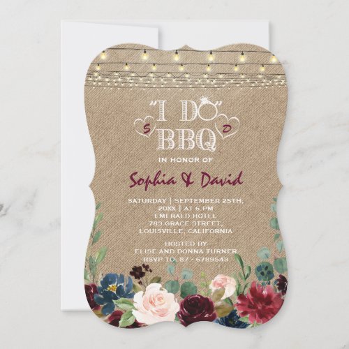 Merlot Navy Blue Floral BurlapI DO BBQ Invitation