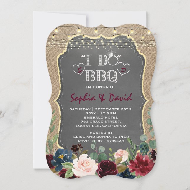 Merlot Navy Blue Floral Chalk Burlap I DO BBQ Invitation (Front)