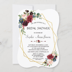 Merlot Navy Blue Floral Gold Diamond Bridal Shower Invitation
