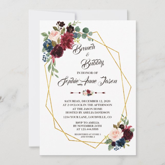 Merlot Navy Blue Floral Gold Frame Bridal Shower Invitation (Front)