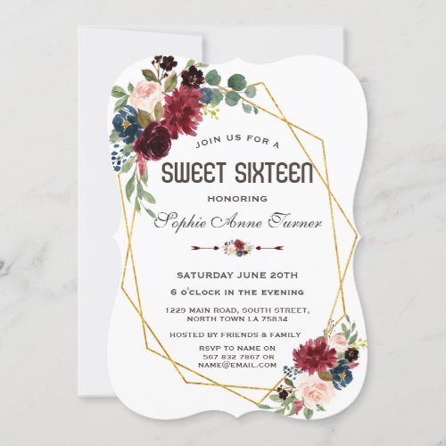 Merlot Navy Blue Floral Gold Frame Sweet 16 Invitation