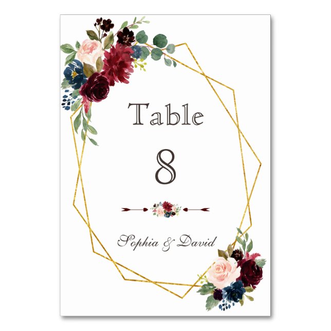 Merlot Navy Blue Floral Gold Frame Table Number (Front)