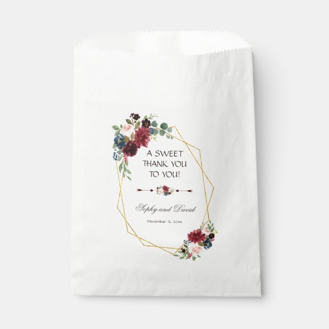 Merlot Navy Blue Floral Gold Frame THANK YOU Favor Bag (Front)