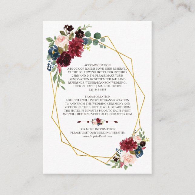 Merlot Navy Blue Floral Gold Frame Wedding Details Enclosure Card (Front)