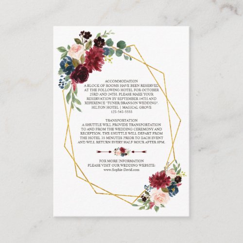 Merlot Navy Blue Floral Gold Frame Wedding Details Enclosure Card