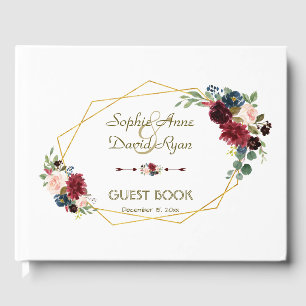 Merlot Navy Blue Floral Gold Frame Wedding Guest Book