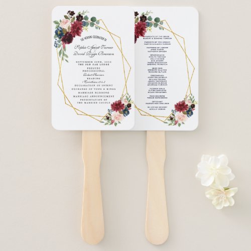 Merlot Navy Blue Floral Gold Frame Wedding Program Hand Fan