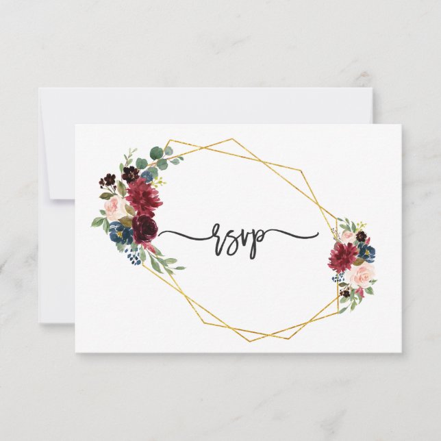 Merlot Navy Blue Floral Gold Frame Wedding RSVP (Front)