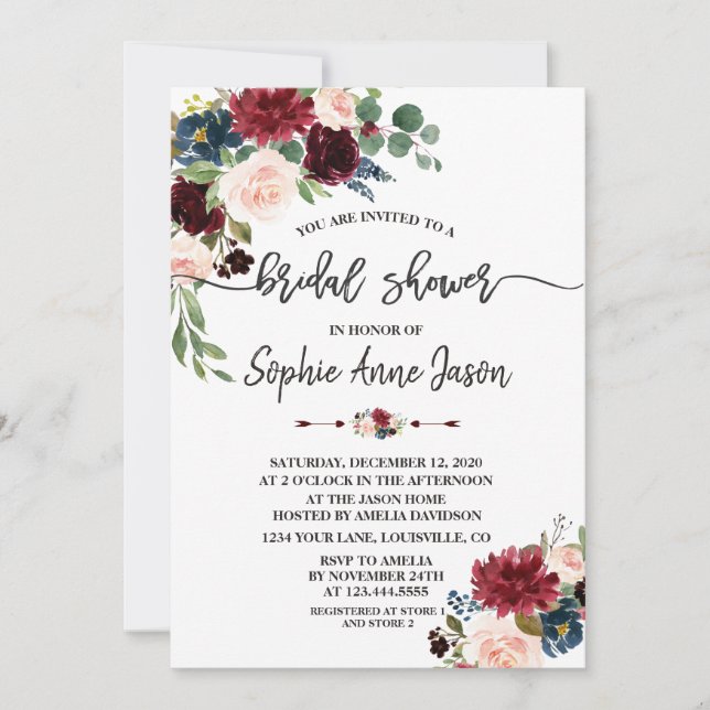 Merlot Navy Blue Floral Handwriting Bridal Shower Invitation (Front)