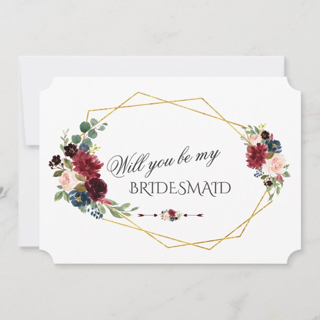 Merlot Navy Blue Floral Will You Be My Bridesmaid Invitation (Front)