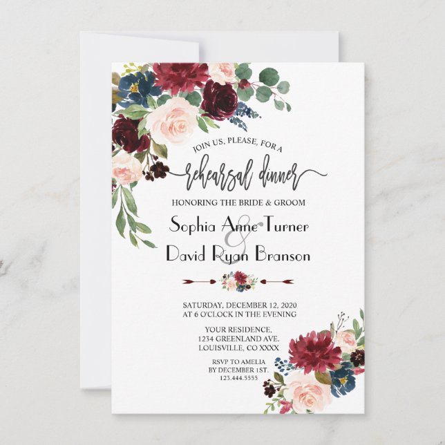 Merlot Navy Floral Handwriting Rehearsal Dinner Invitation (Front)