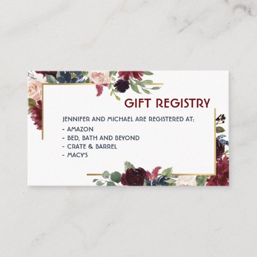 Merlot  Navy Floral Wedding Event Gift Registry Enclosure Card