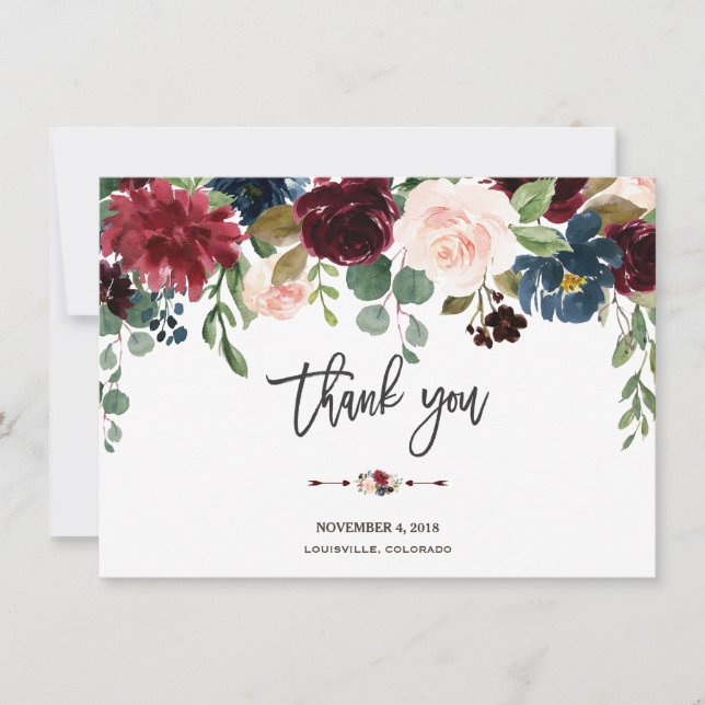 Merlot Navy Floral Wedding Handwriting Thank you (Front)