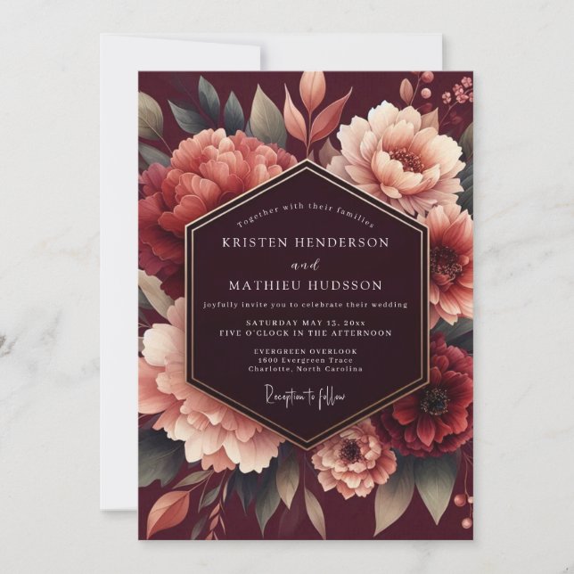 Merlot Poetic Bloom Wedding Invitation (Front)