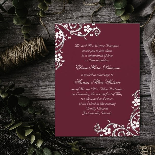 Merlot Red Floral Swirls Wedding Invitation (Creator Uploaded)