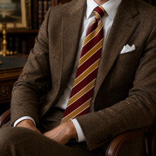Merlot Red Gold Diagonal Stripe Regimental Neck Tie