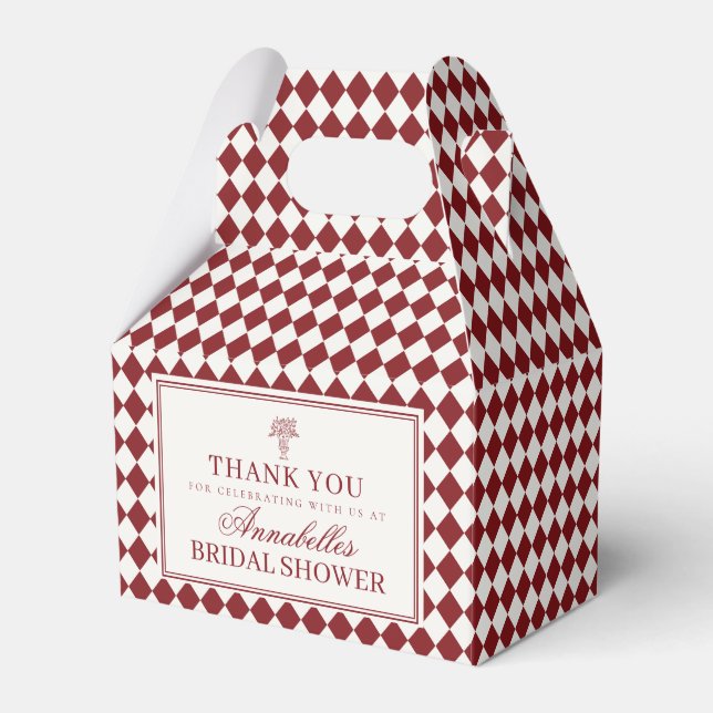 Merlot Red Harlequin Checkered Bridal Shower Favor Boxes (Front Side)